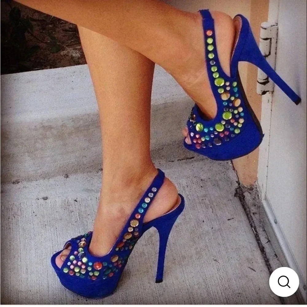 Liliana Women’s Phoebe 2 Heels Rhinestone Peep Toe Platform Slingback‎ Pumps NIB